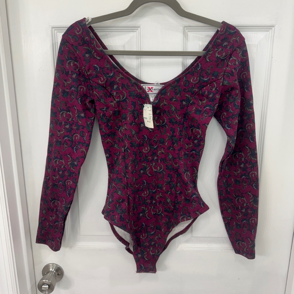 Vintage Body Exteriors Floral Paisley Bodysuit Burgundy Long Sleeve V-Neck M NWT